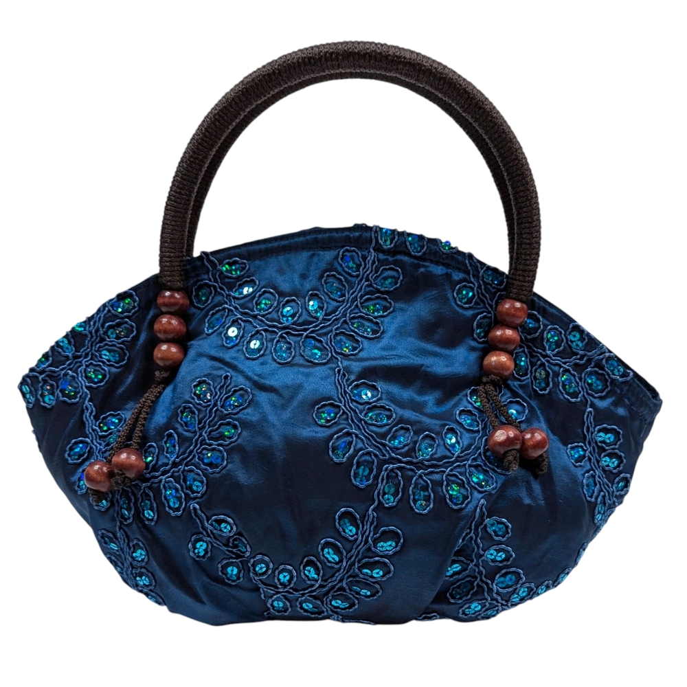 Blue Hobo Bag with Embroidered Floral Patterns Wood Beads & Wrapped Top Handles